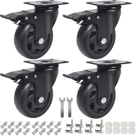 4 Inch Swivel Plate Caster Wheels, All Black Heavy Duty Casters Set of 4 with Brake, Polyurethane Locking Caster Wheels for Cart, Workbench, Load 2000lbs Wieyunn