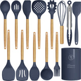 Silicone Cooking Utensils Set - 446°F Heat Resistant Silicone Kitchen Utensils for Cooking,Kitchen Utensil Spatula Set w Wooden Handles and Holder, BPA FREE Gadgets for Non-Stick Cookware (Navy Blue) oannao