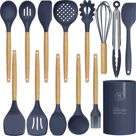 Silicone Cooking Utensils Set - 446°F Heat Resistant Silicone Kitchen Utensils for Cooking,Kitchen Utensil Spatula Set w Wooden Handles and Holder, BPA FREE Gadgets for Non-Stick Cookware (Navy Blue) oannao