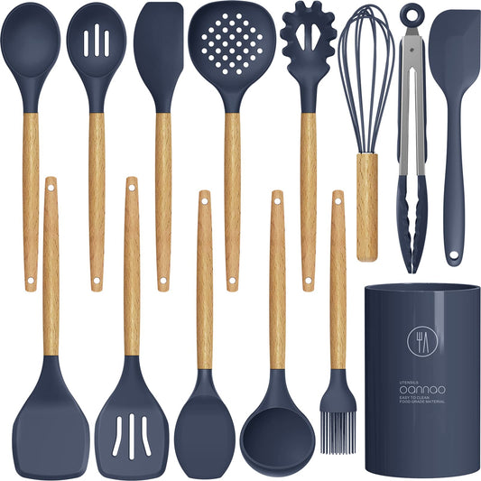 Silicone Cooking Utensils Set - 446°F Heat Resistant Silicone Kitchen Utensils for Cooking,Kitchen Utensil Spatula Set w Wooden Handles and Holder, BPA FREE Gadgets for Non-Stick Cookware (Navy Blue)