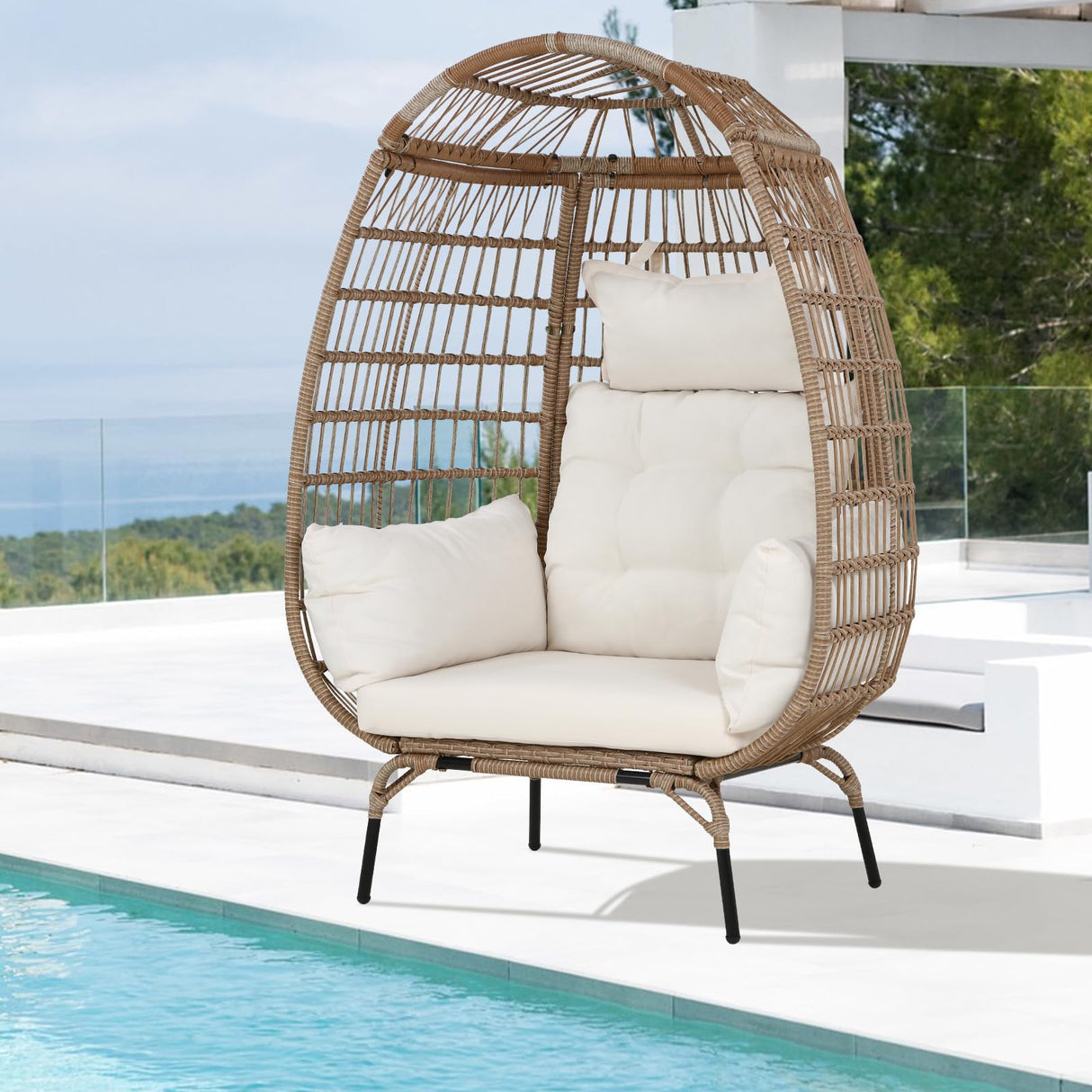 Dkelincs Wicker Egg Chair Indoor Outdoor Lounge Chair Patio Reading Chair Oversized Rattan Egg Chair for Patio, Backyard, Garden, Living Room w/ 4 Cushions Steel Frame, 352lb Capacity(White) Dkelincs