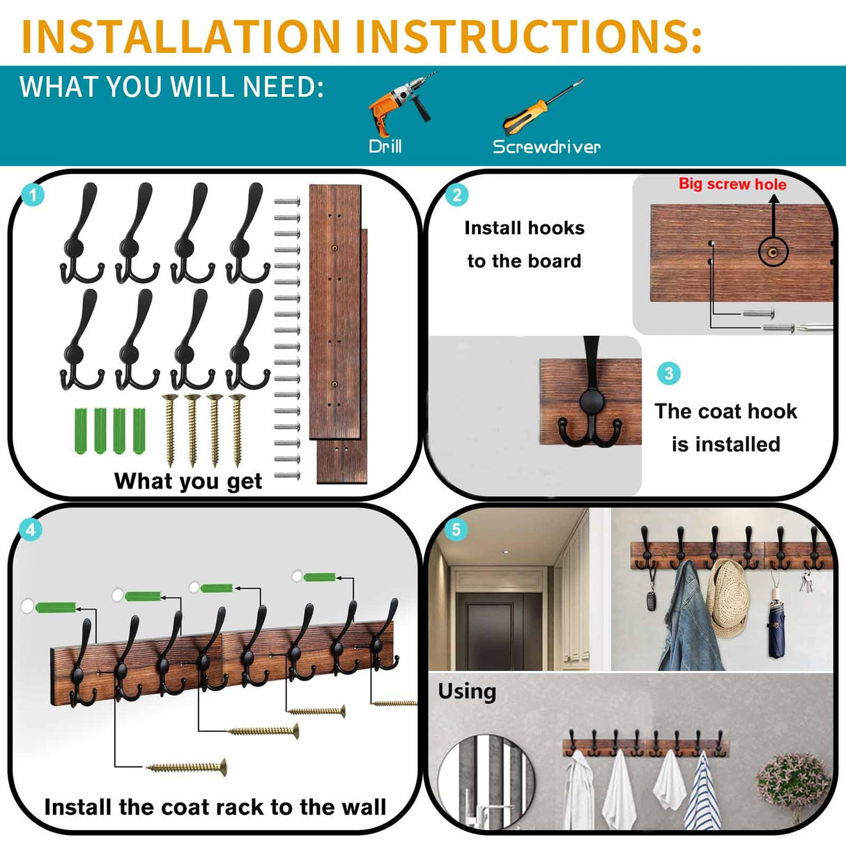 Homagic Coat Rack Wall Mount 31.5'' Coat Hanger Wall Mount Burnt Brown Coat Hooks for Wall Rustic Towel Racks for Bathroom Living Room Coat Hat Cloth Homagic