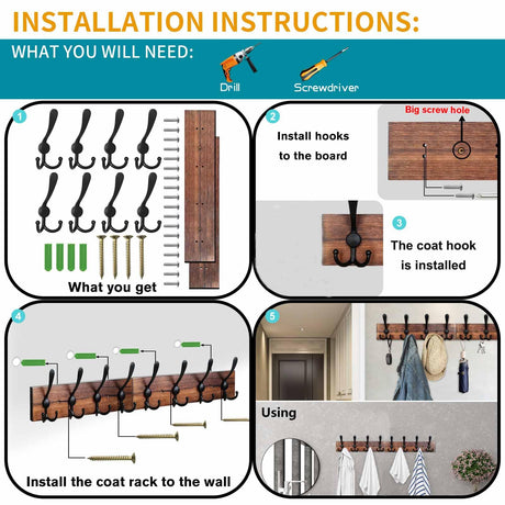 Homagic Coat Rack Wall Mount 31.5'' Coat Hanger Wall Mount Burnt Brown Coat Hooks for Wall Rustic Towel Racks for Bathroom Living Room Coat Hat Cloth Homagic