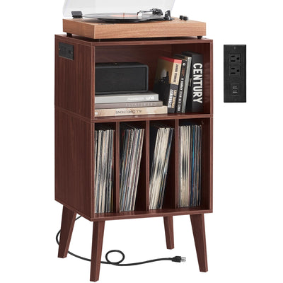 Lerliuo Record Player Stand with Charging Station, Walnut Turntable Stand Holds up to 160 Albums, Mid-Century Vinyl Storage Cabinet Table with Wood Legs, Record Holder Dispaly Shelf for Living Room