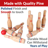 STERLING Sports Premium Wooden Lawn Bowling Skittles Set 11" Pins with Carrying Mesh Bag - 10 Heavy Solid Wooden Pins and 2 Balls - for Indoors and Outdoors STERLING