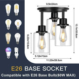 ROTTOGOON Semi Flush Mount Ceiling Light, 3-Light Close to Ceiling Light Fixtures, Matte Black Kitchen Light Fixtures with Clear Glass Shades, Hallway Light Fixtures Ceiling Mount for Foyer Entryway ROTTOGOON