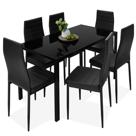 Best Choice Products 7-Piece Glass Dining Set, Modern Kitchen Table Furniture for Dining Room, Dinette, Compact Space-Saving w/Glass Tabletop, 6 Upholstered PU Chairs, Metal Steel Frame - Black Best Choice Products
