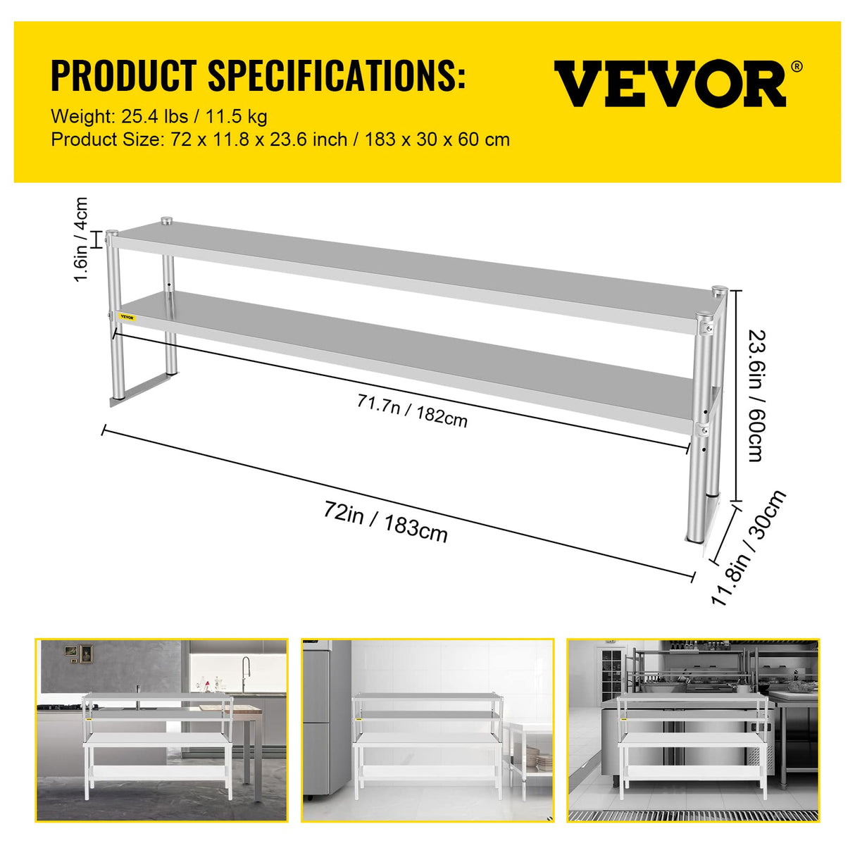 VEVOR Double Overshelf, Double Tier Stainless Steel Overshelf, 72 in Length x 12 in Width Double Deck Overshelf, Height Adjustable Overshelf for Prep & Work Table in Kitchen, Restaurant and Workshop VEVOR