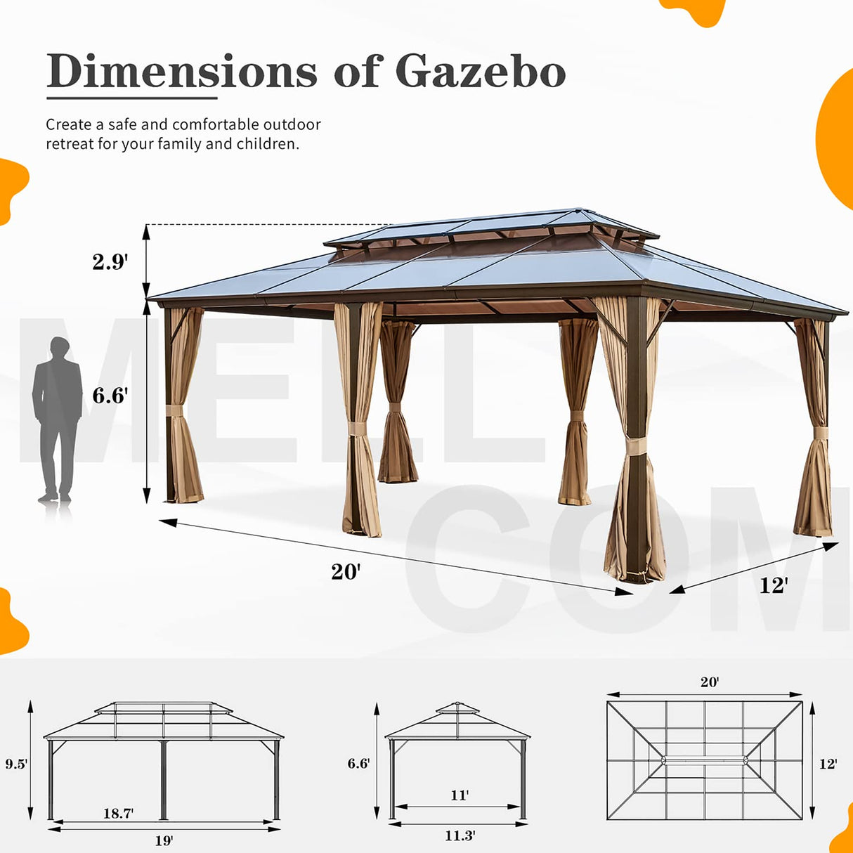 MELLCOM 12'x20' Hardtop Gazebo with Polycarbonate Double Roof, Aluminum Frame Outdoor Gazebo Permanent Pavilion with Curtains and Netting for Patio, Lawn & Garden MELLCOM