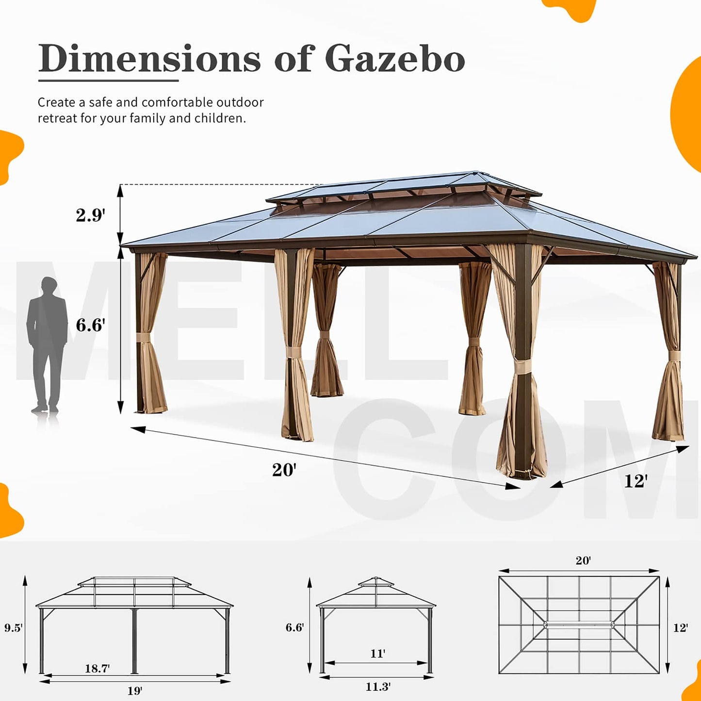 MELLCOM 12'x20' Hardtop Gazebo with Polycarbonate Double Roof, Aluminum Frame Outdoor Gazebo Permanent Pavilion with Curtains and Netting for Patio, Lawn & Garden - WoodArtSupply