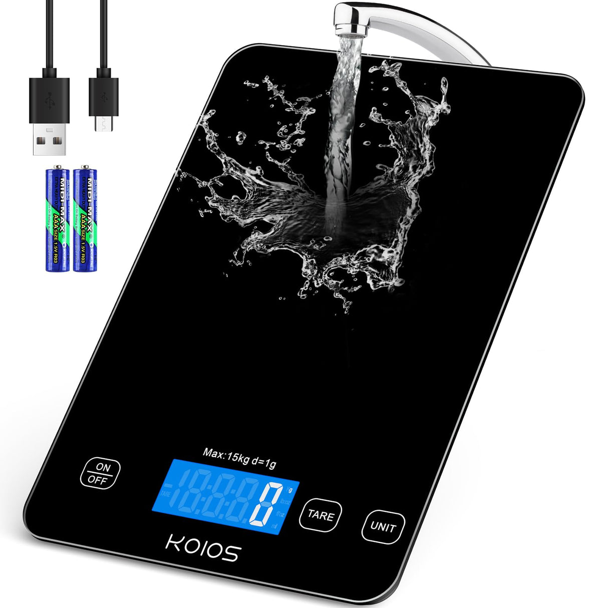 KOIOS Food Scale, 33lb/15kg Digital Kitchen Scale Weight in Grams and Ounces for Cooking Baking, 1g/0.1oz Precise Graduation, Batteries and Type-C Charging, Tare Function, LCD Display, Black KOIOS