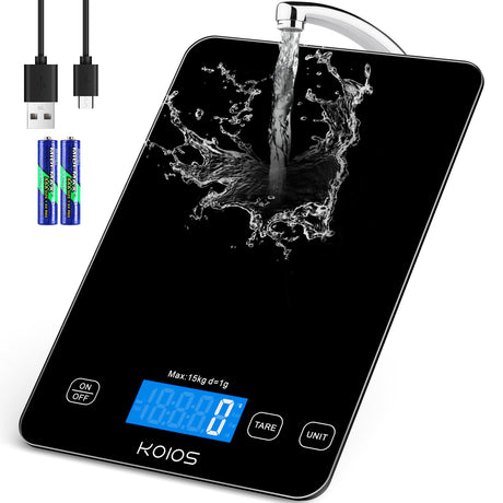KOIOS Food Scale, 33lb/15kg Digital Kitchen Scale Weight in Grams and Ounces for Cooking Baking, 1g/0.1oz Precise Graduation, Batteries and Type-C Charging, Tare Function, LCD Display, Black KOIOS