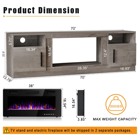 BOSSIN Fireplace TV Stand with 36" Electric Fireplace, LED Light Entertainment Center with Storage Cabinet for TVs up to 80 inch, Media TV Console with Modern Wood Texture,70 inch Gray BOSSIN