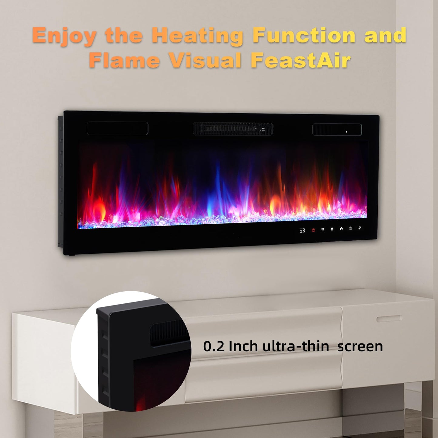 Electric Fireplace 50 Inch 1500W Insert Heater Wall Mounted Realsmart Indoor Infrared Heater with Remote Control Slim Black Fireplace Screen Timer 12 Flame Colors Low Noise Overheat Protection