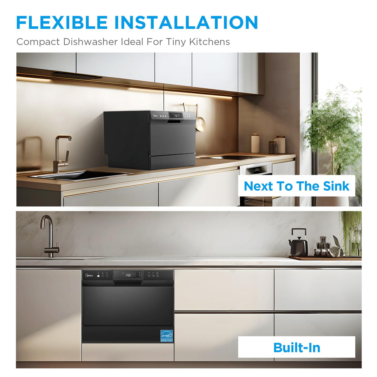 Midea MDC22P1ABB Table-top Countertop, Energy Star Portable Dishwasher, 6 Place Settings & 8 Washing Programs, Speed, Baby-Care, ECO& Glass, Dish Washer for Dorm, RV& Apartment, Black Midea