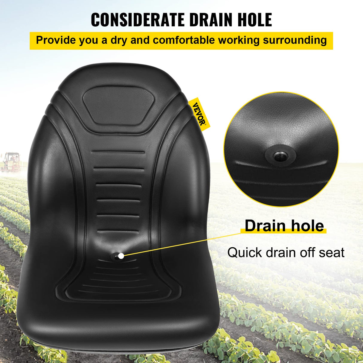 VEVOR Universal Tractor Seat Replacement 2 Pcs Compact High Back Mower Seat, Black Vinyl Forklift Seat, Central Drain Hole Skid Steer Seat with Mounting Bolt Patterns of 8" x 11.5" & 11.25" x 11.5" VEVOR