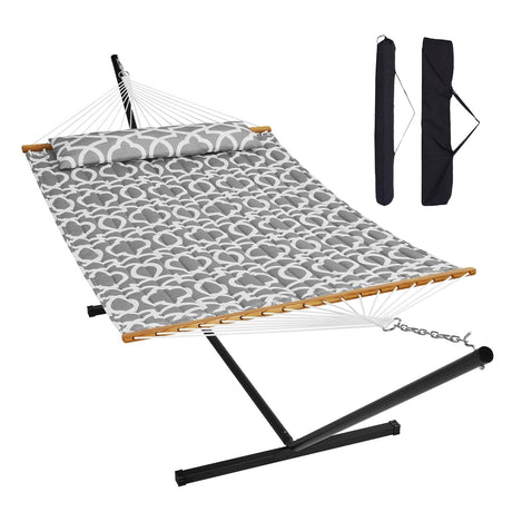 VEVOR Double Hammock with Stand Outdoor 2 Person Hammock for Outside Heavy Duty 480lb Large Free Standing Hammock Double Quilted Fabric Hammock with Portable Stand, Detachable Pillow & Bag VEVOR