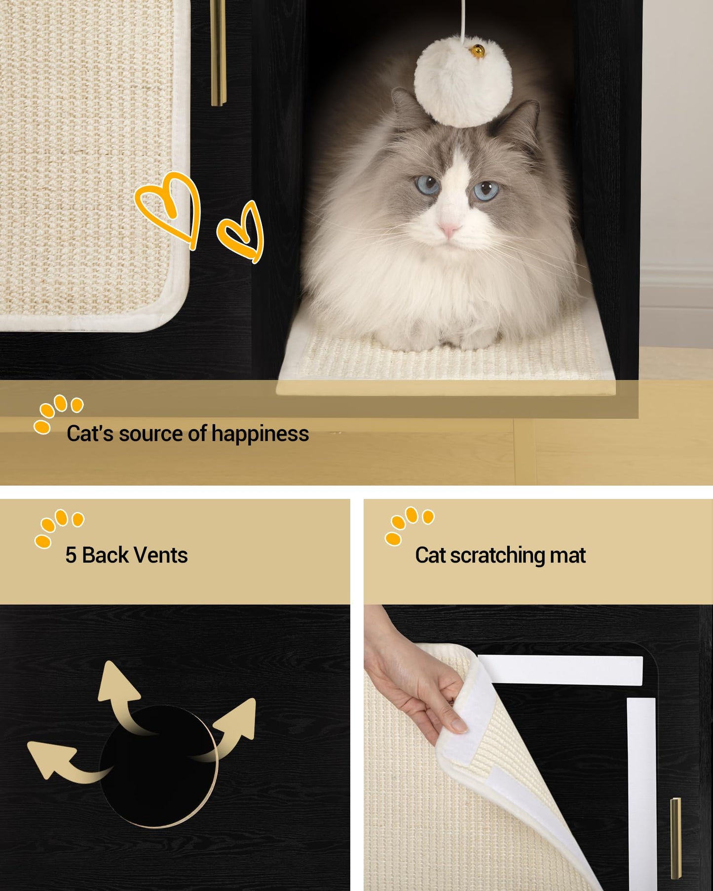 Hzuaneri Cat Litter Box Enclosure, Hidden Cat Litter Furniture with 2 Removable Scratching Mat, Indoor Cat House with Storage Shelf, Side End Table, 31.5 x 19.7 x 24 inches, Black and Gold CB - WoodArtSupply