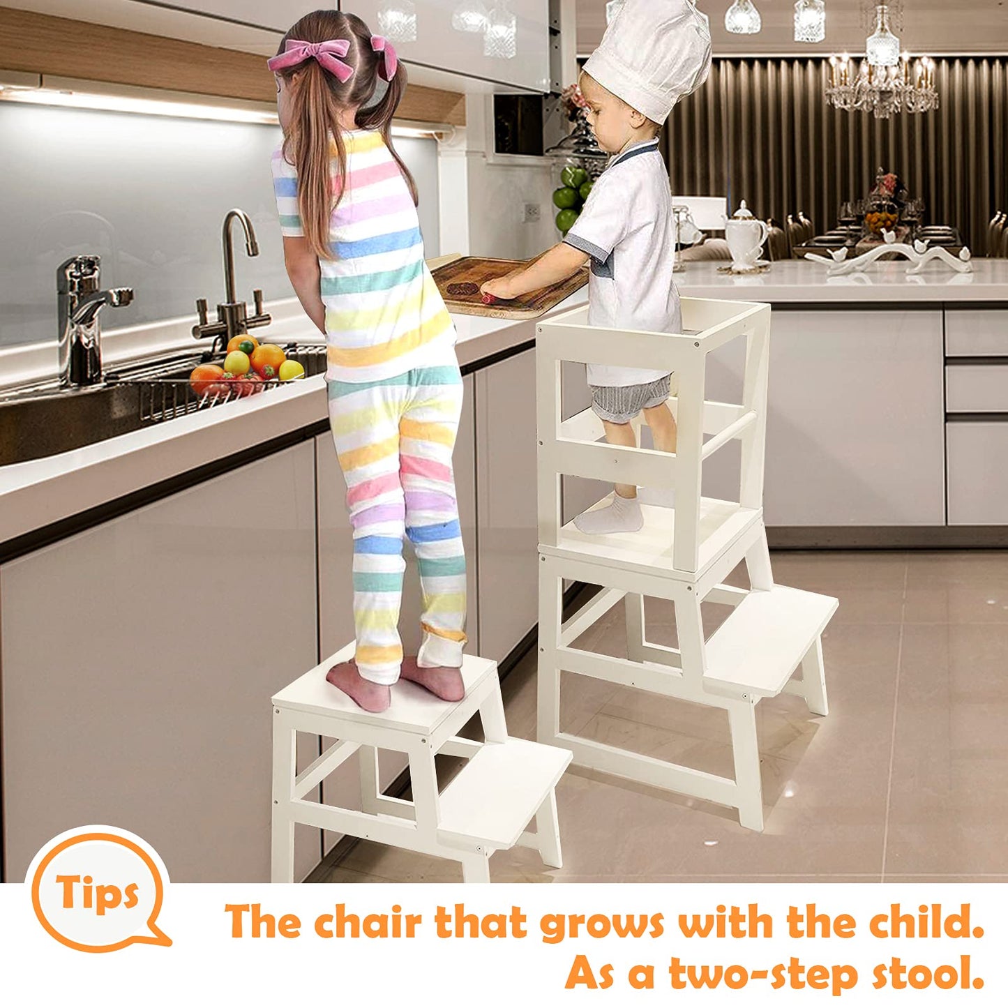 Kitchen Step Stool for Toddlers with Non-Slip Mat, WOOD CITY Wooden Kids Montessori Learning Stool Tower, Toddler Standing Tower Helper for Kitchen Counter and Bathroom Sink(White)