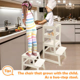 Kitchen Step Stool for Toddlers with Non-Slip Mat, WOOD CITY Wooden Kids Montessori Learning Stool Tower, Toddler Standing Tower Helper for Kitchen Counter and Bathroom Sink(White) WOOD CITY