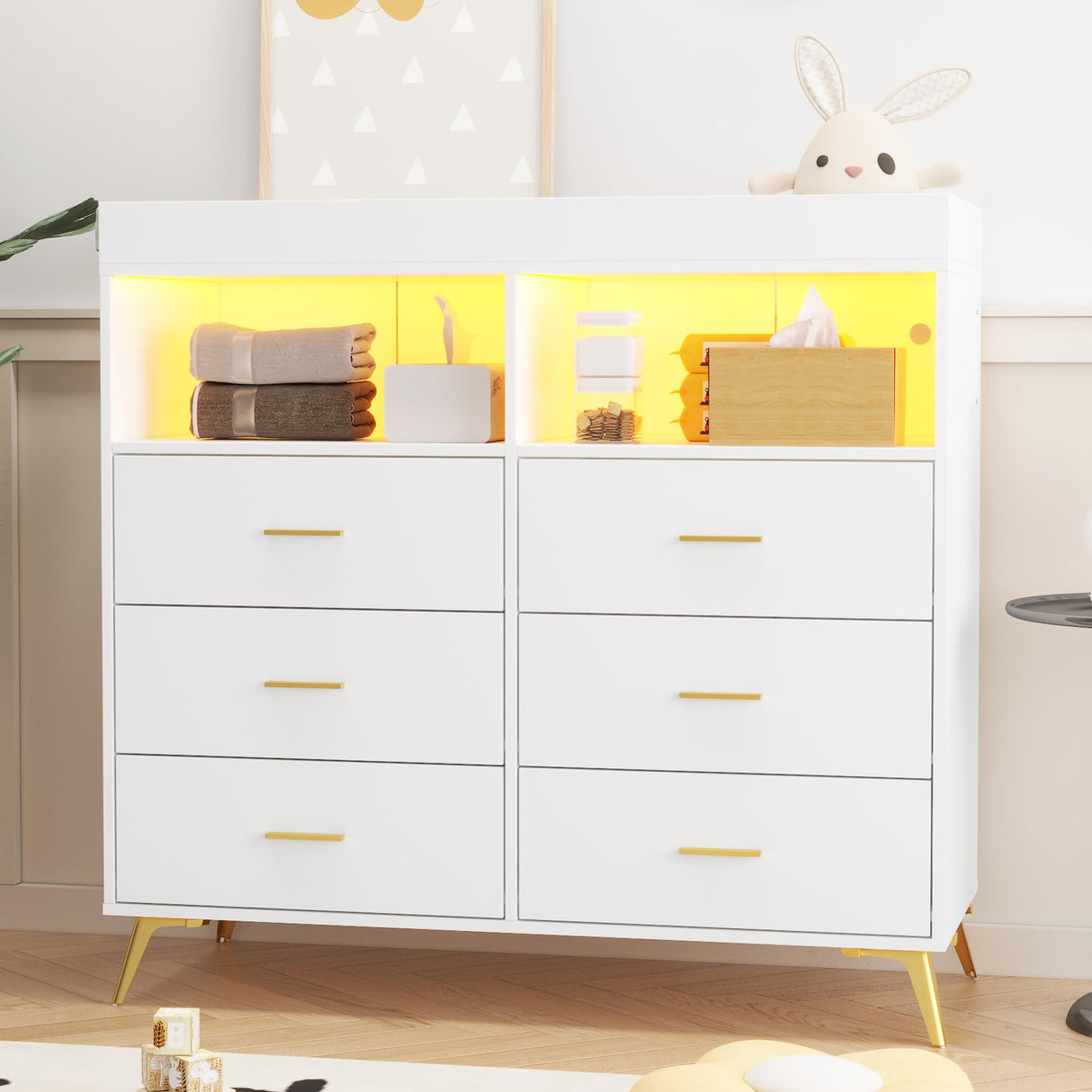 GarveeHome Dresser for Bedroom with 6 Drawers, Baby Changing Table Dresser with Changing Pad, LED Lights & Charging Station, Baby Changing Station with Changing Table Top, White GarveeHome