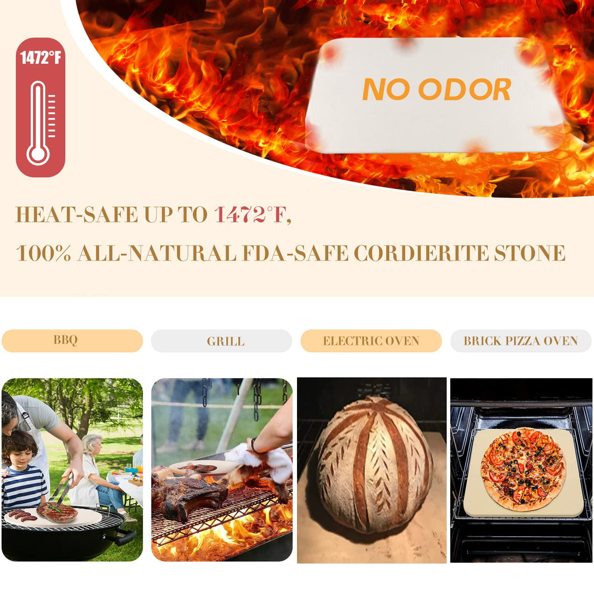 4 PCS Rectangle Pizza Stone Set, 15" Large Pizza Stone for Oven and Grill with Pizza Peel(OAK), Pizza Cutter & 10pcs Cooking Paper for Free, Baking Stone for Pizza, Bread,BBQ Gyreuni