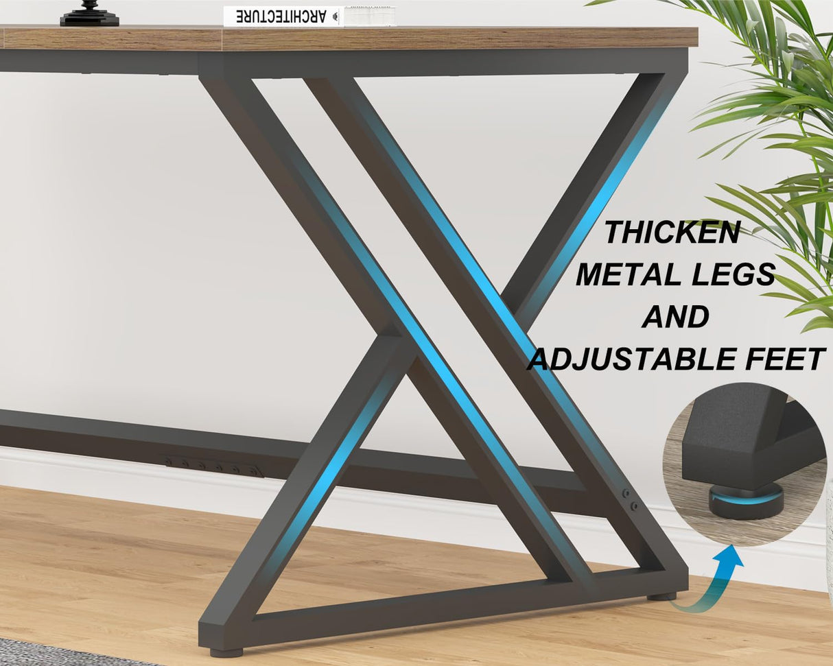 HSH Rustic Long Computer Desk, Industrial Large Wood Metal Office Desk, Wood Pc Writing Work Study Computer Table Desk, Farmhouse Workstation Gaming Executive Desk for 2 Person, Rustic Oak, 70 Inch HSH