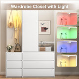 UZUGUL 72'' Armoire Wardrobe Closet with Mirror and 6 Drawers,Bedroom Armoire Wardrobe Cabinet with Hanging Rod and Light,Wooden Bedroom Closet with 3 Storage Shelf (White) UZUGUL