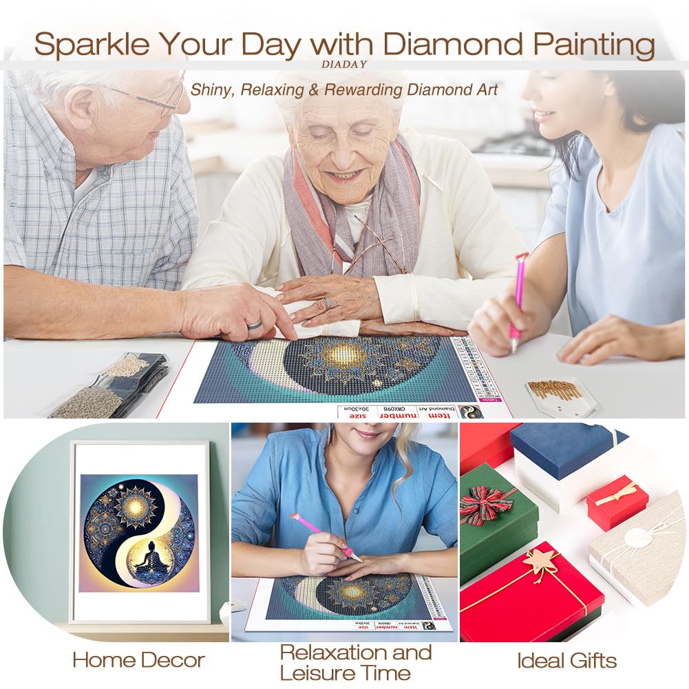 DIADAY Yin Yang Diamond Art Kits for Adults, Buddha & Mandala Diamond Painting Kits for Adults, 5D Full Drill Round Diamond Art, DIY Gem Craft Home Wall Decor Gift 12 x 12 Inches DIADAY