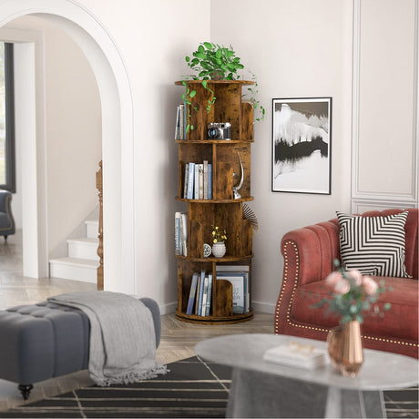 Aheaplus 360° Rotating Small Corner Bookshelf with 4 Tiers - Rustic Brown Sturdy Storage Rack for Limited Spaces Aheaplus