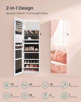 SONGMICS 55 Inches Tall Spacious Jewelry Cabinet, Jewelry Armoire with Light-Up Interior Mirror, Wall or Door Mounted Jewelry Storage Organizer, Lockable, Gift Idea, Cloud White UJJC032W01 SONGMICS