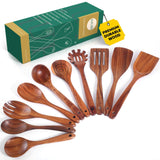 Wooden Cooking Utensils Set, Comfortable Grip Teak Wood Cooking Spoon Set, Nonstick No Scratch Wooden Spoons for Cooking (10Pcs） AIUHI