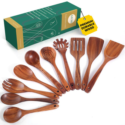 Wooden Cooking Utensils Set, Comfortable Grip Teak Wood Cooking Spoon Set, Nonstick No Scratch Wooden Spoons for Cooking (10Pcs）