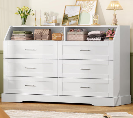 TEENFON 46.5'' Wide White Dresser for Bedroom, 6 Drawer Dresser with Charging Station & LED Lights, Closet Organizer for Bedroom, White TEENFON