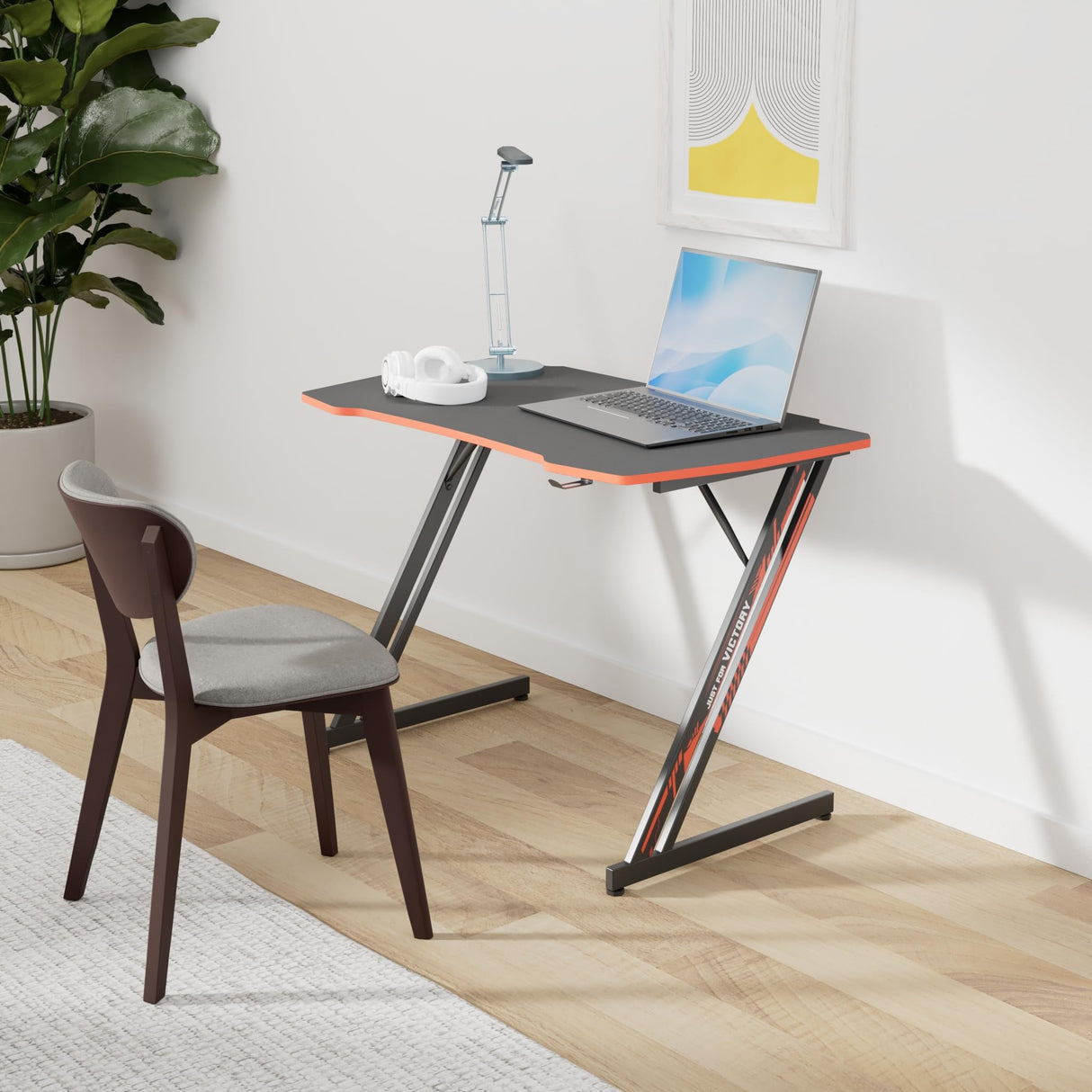 PayLessHere 47 Inch Modern Z-Shaped Gaming Desk Computer Desk for Home Office with Headphone Hook - Sturdy Workstation Table with Spacious Desktop,Red PayLessHere