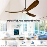 ABZ Ceiling Fans with Lights - 60 inch Propeller Ceiling Fan with Remote Control, 3 Blades Walnut Solid Wood Ceiling Fan for Indoor Outdoor Patio Bedroom Living Room Kitchen ABZ