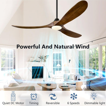 ABZ Ceiling Fans with Lights - 60 inch Propeller Ceiling Fan with Remote Control, 3 Blades Walnut Solid Wood Ceiling Fan for Indoor Outdoor Patio Bedroom Living Room Kitchen