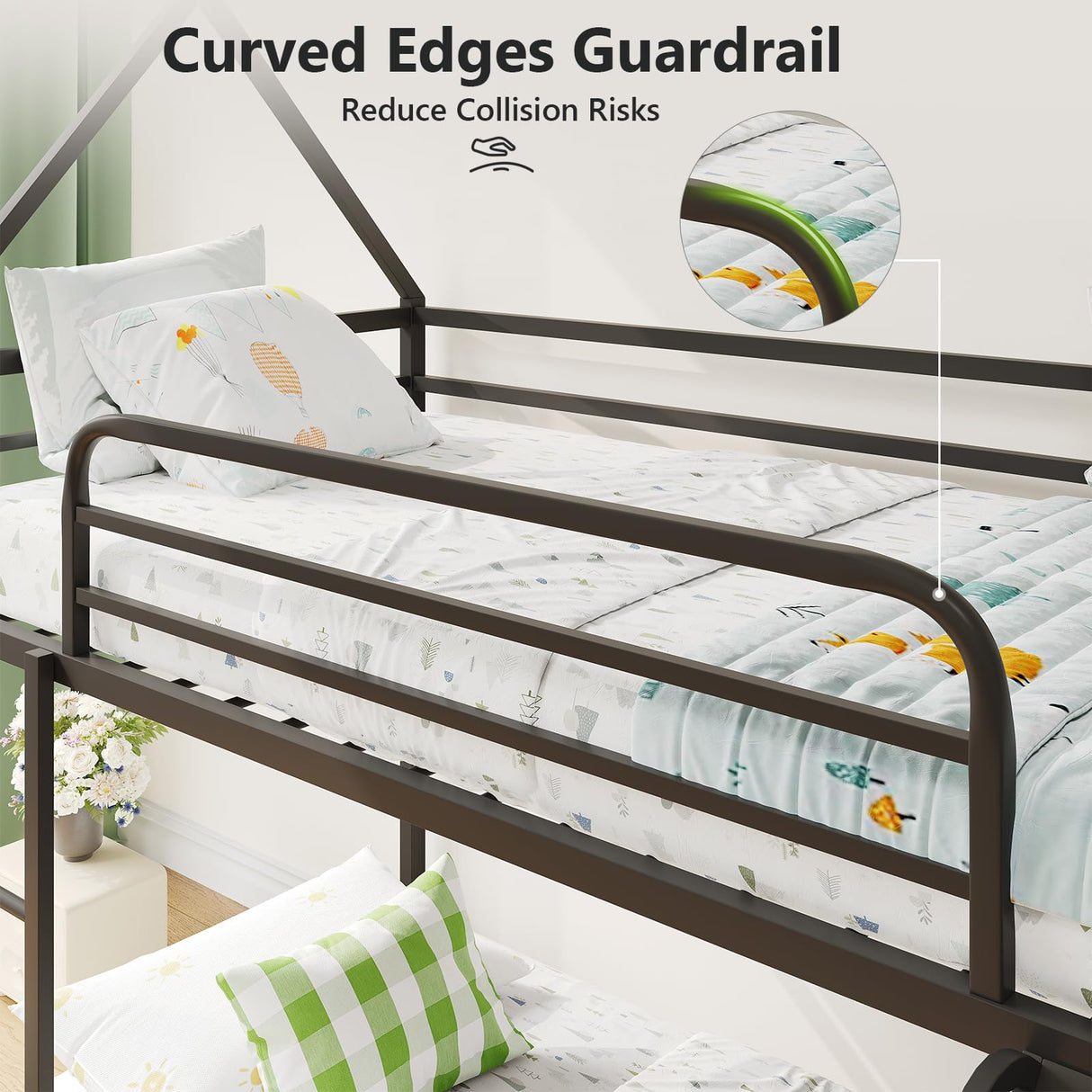 YIORTWO Twin-Over-Twin Low Metal Bunk Bed with Convertible Slide, Montessori Floor Bunk Bed Frame with Curved Edges Guardrail, Heavy Duty Metal Bed with House Shape and Roof for Kids, Black YIORTWO