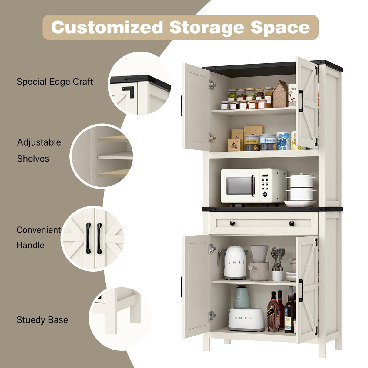 Befrases 72" H Tall Farmhouse Storage Cabinet with Drawer, 6 Tier Kitchen Pantry Organize with 4 Barn Door and Adjustable Shelf, Microwave Stand for Kitchen, Garage, Living, Utility Room, Black Befrases