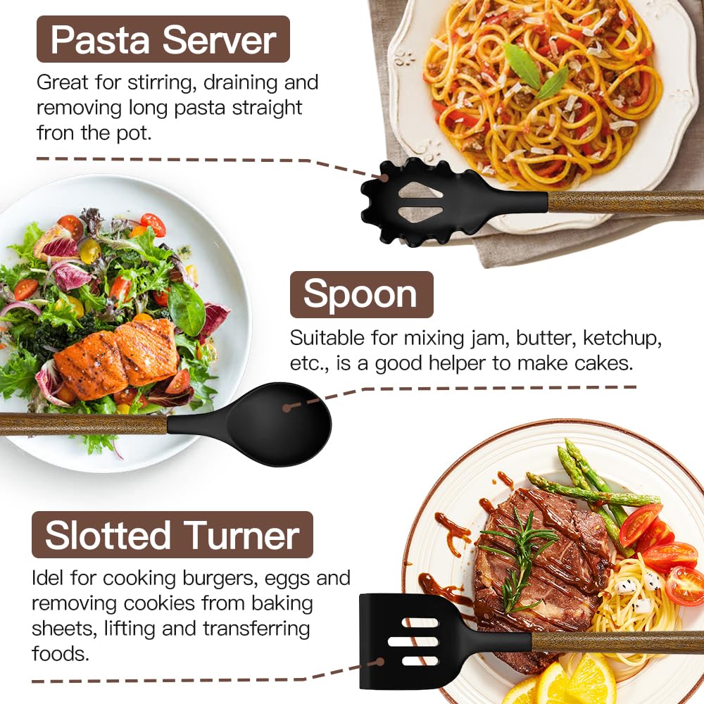 Kitchen Cooking Utensils Set-446°F Heat Resistant Silicone Kitchen Utensils for Cooking-34 Piece Kitchen Set with Natural Acacia Wooden Handles and Holder, BPA FREE for Non-Stick Cookware (Black) BESTZMWK