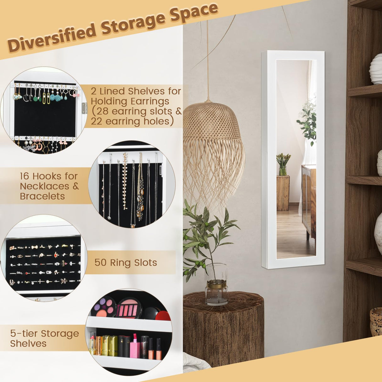 12 LEDs Jewelry Armoire Cabinet, Wall/Door Mounted Full-Length Mirror Jewelry Cabinet with Earring & Rings Slots Necklace Hooks, 5 Storage Shelves for Bedroom Makeups, White Giantex