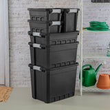 Sterilite 6-Pack 7.5 Gallon Stacker Tote, Rugged Plastic Storage for Home Organization, Black - Stackable Organizer Bins with Recessed Lid & Heavy-Duty Latches for Closet, Basement, Garage and Attic Sterilite