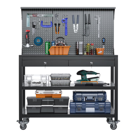 GangMei 59.1" Tall Metal Workbench with Shelf and Pegboard, Mobile Garage Workbench with 2 Tool Drawer Lockable, Steel Heavy Duty Workbench 2000lbs Max Weight Capacity Bench Top Size 48x23,35 Hooks GangMei