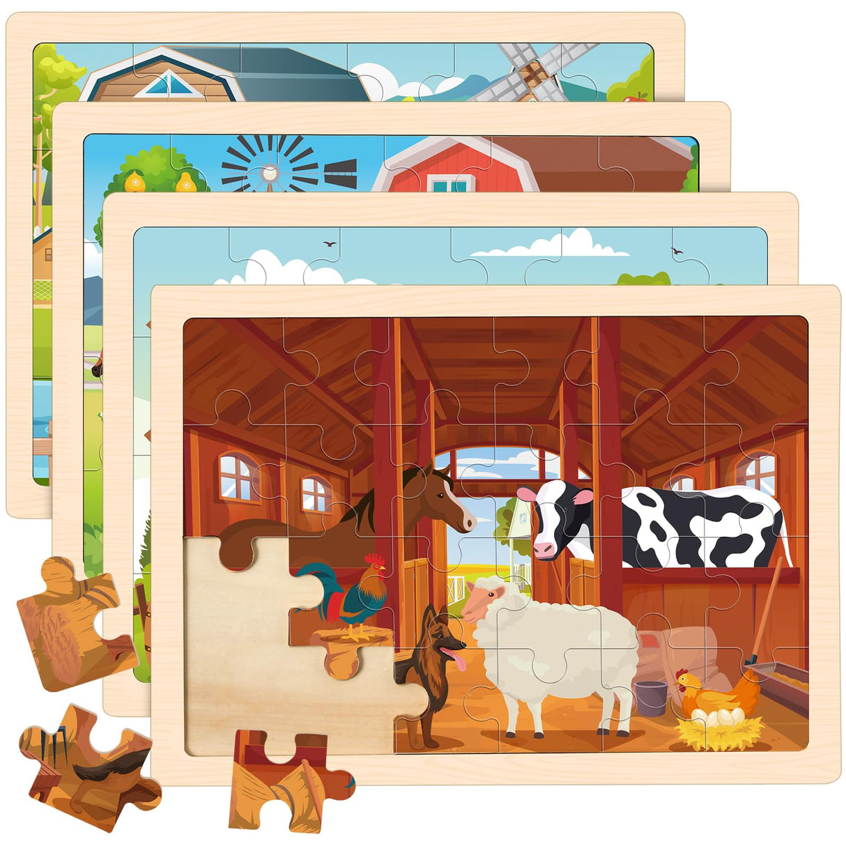 4-in-1 Farm Wooden Puzzles for Kids Ages 4-6, 24 PCS Wooden Jigsaw Puzzles for Toddlers Ages 2-4, Preschool Educational Puzzles Boards Toys Gifts for 3 4 5 6 Boys Girls Duchong