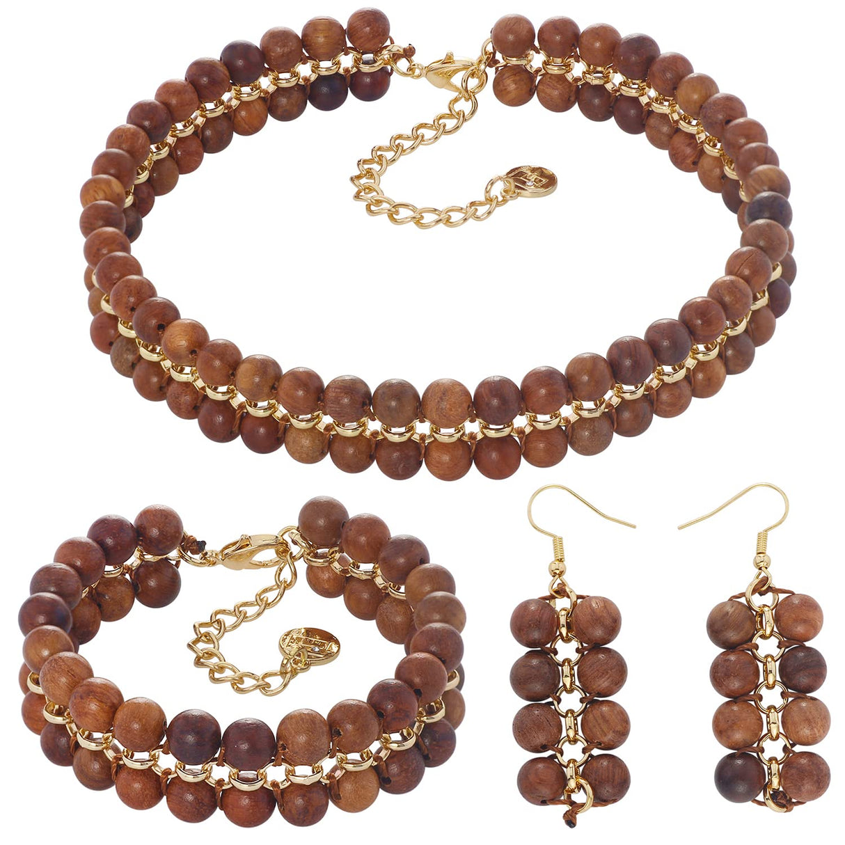 Firstmeet Wood Beads Layer Statement Necklace Choker Bracelet Earrings Vintage Jewelry Set for Women Girls (XL-1203-Wood Set) Firstmeet