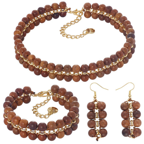 Firstmeet Wood Beads Layer Statement Necklace Choker Bracelet Earrings Vintage Jewelry Set for Women Girls (XL-1203-Wood Set) Firstmeet