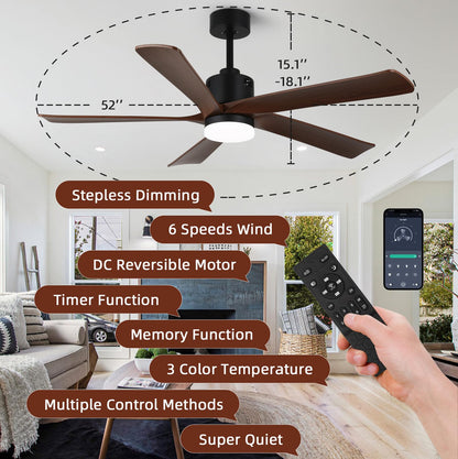 YYEHON 52 Inch Ceiling Fans with Lights and Remote&APP Control,Dimmable,DC Reversible Motor with 5 Wood Colored Blades Ceiling Fan for Living Room,Patio,Bedroom,Farmhouse,Indoor Office