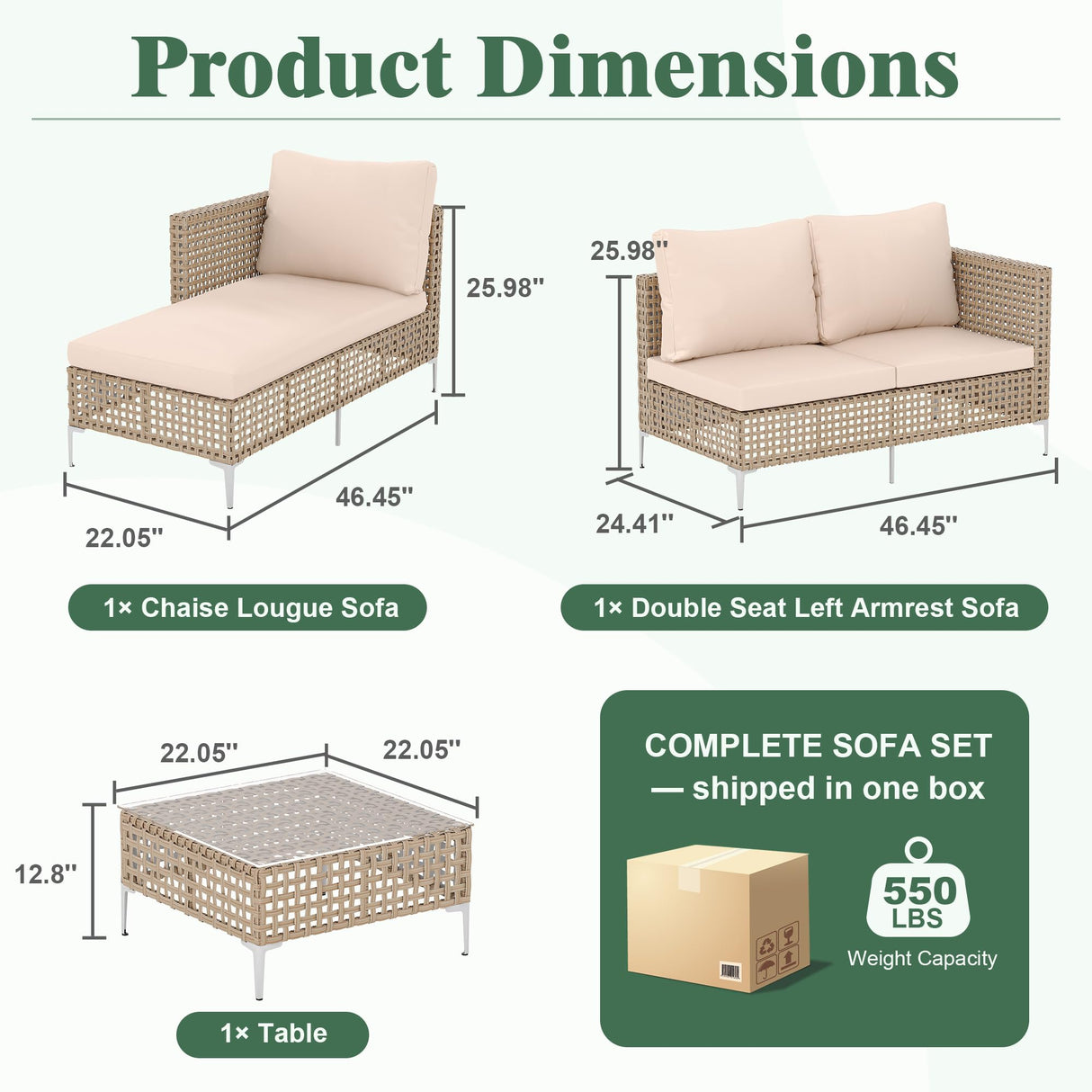 JHSDFOUIH Patio Furniture Set, Outdoor Couch with Glass Coffee Table&Thick Cushion, Wicker Chaise Longue Sofa Set, All-Weather PE Rattan Conversation Set for Garden, Deck, Poolside(3pcs Yellow&Beige) JHSDFOUIH