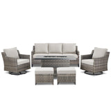 AMCLOBA Patio Furniture Set with 42.5" Fire Pit Table-6 Pieces All Weather Wicker Outdoor Furniture with High Back Swivel Patio Chairs Set of 2 Outdoor Couch for Deck Balcony Backyard Beige/Gray AMCLOBA