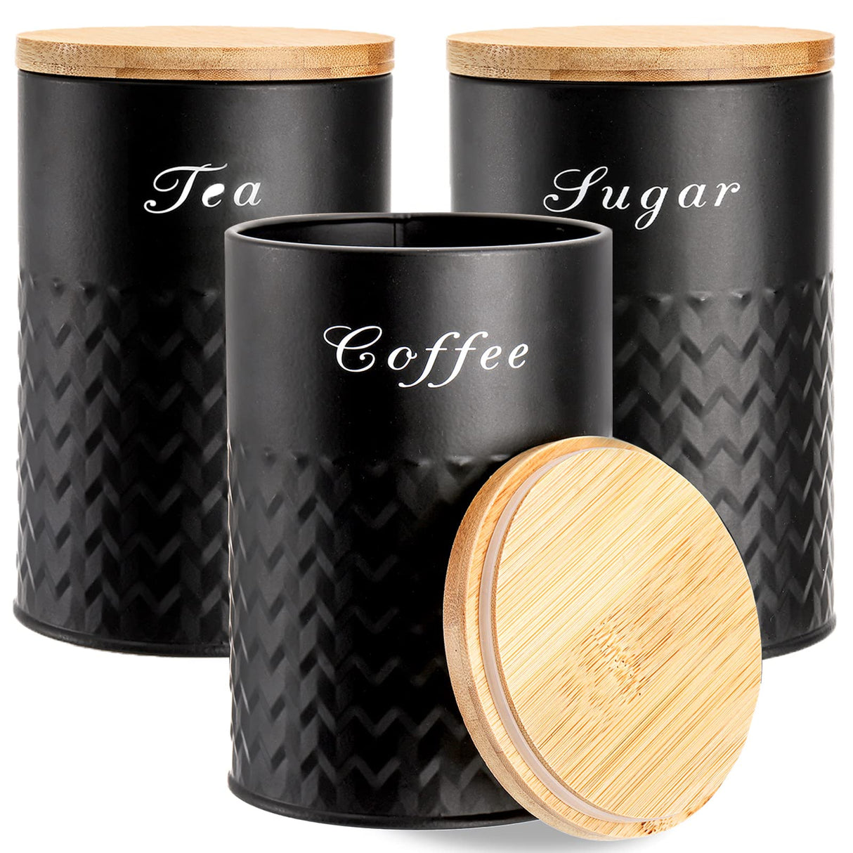 Bekith 3 Pack Kitchen Canisters with Bamboo Lids, Airtight Metal Canister Set, Food Storage Containers Jars for Coffee, Sugar, Tea, Flour, Rustic Farmhouse Kitchen Decor Containers, Black Bekith